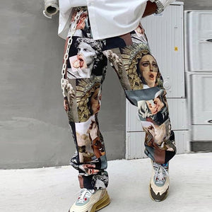 Men Pants Spring/Autumn Streetwear Printed Pants Straight Loose Mid Waist Casual Trousers Men's Fashion